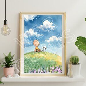 Watercolor Snoopy and Charlie Brown in a Flower Field 11x17 Art Print